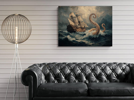Vintage Kraken Pirate Ship Canvas, Oil Painting Style Octopus Print, Classic Maritime Wall Decor, Stormy Sea Monster Artwork