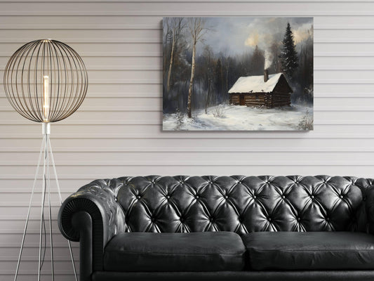 Winter Log Cabin Print | Snowy Forest Cottage Wall Art | Rustic Woodland Home Painting | Cozy Winter Retreat Scene | Country Cabin Decor