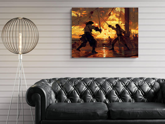 Pirate Sword Fight Sunset Canvas, Silhouette Duel Print, Golden Sky Maritime Battle Decor, Epic Combat Scene Painting