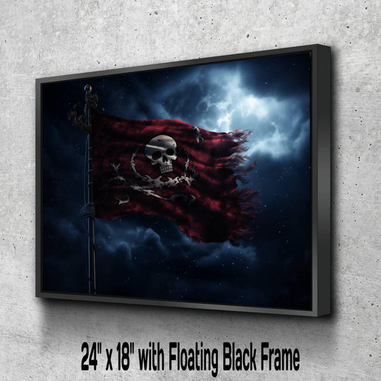 Pirate Flag Red Canvas Art, Jolly Roger Skull Print, Gothic Nautical Wall Decor, Dark Pirate Ship Flag Painting, Maritime Home Artwork