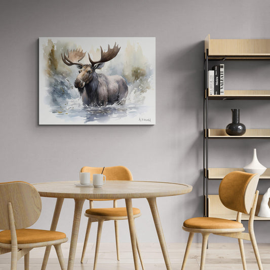 Moose in River #1 | Canvas Print | Wildlife Art | Cabin Art | Forest Art | Archer Kincaid