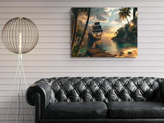 Pirate Hidden Cove Canvas, Tropical Island Hideout Print, Sunset Palm Beach Wall Decor, Secret Harbor Paradise Painting