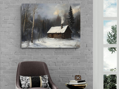 Winter Log Cabin Print | Snowy Forest Cottage Wall Art | Rustic Woodland Home Painting | Cozy Winter Retreat Scene | Country Cabin Decor