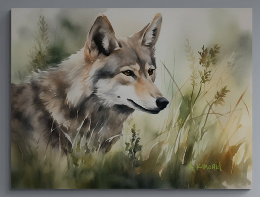 a painting of a wolf in the grass