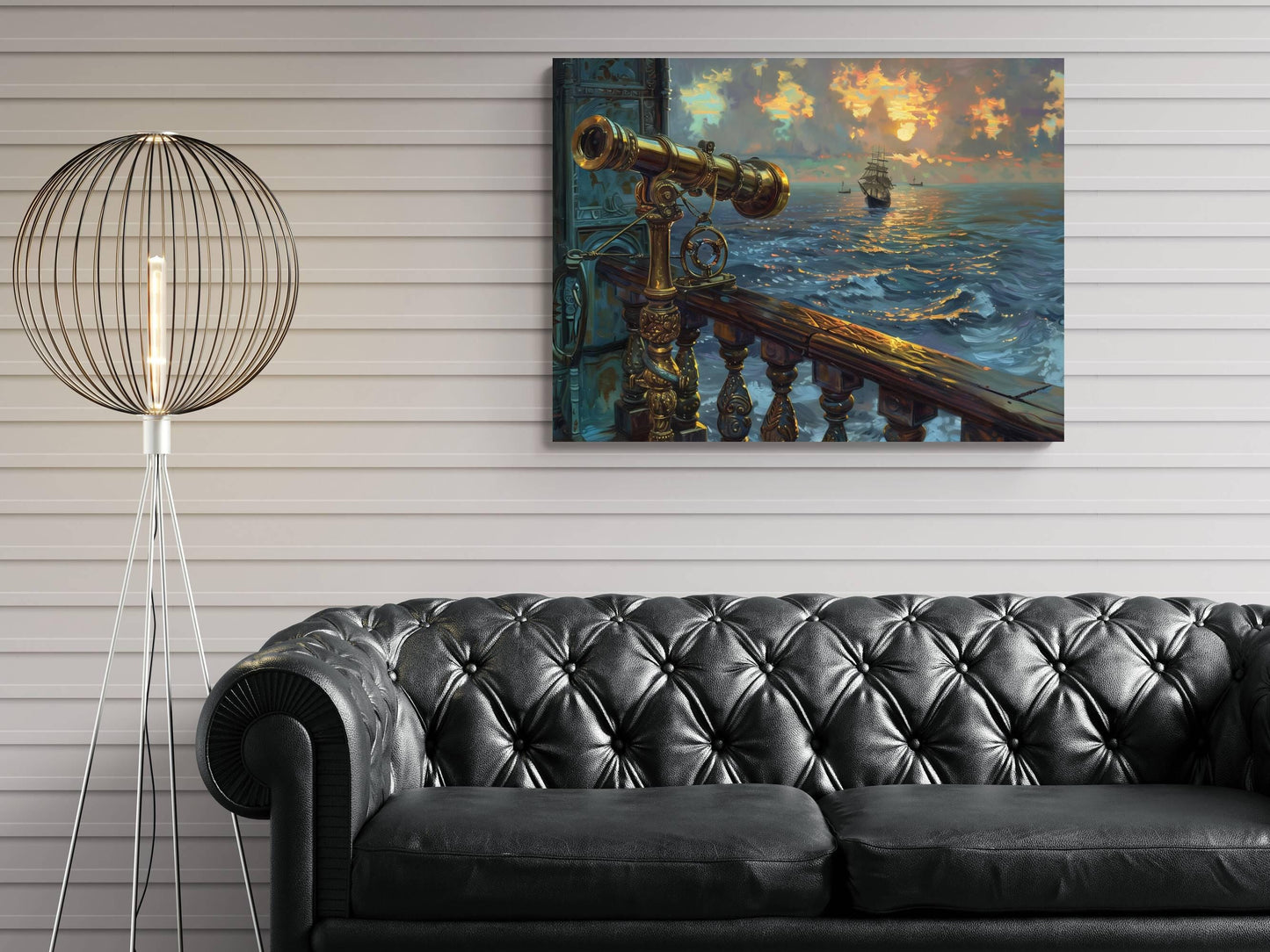 Brass Pirate Spyglass Telescope Canvas, Ornate Navigation Tool Print, Sunset Ocean View Wall Decor, Maritime Equipment Painting