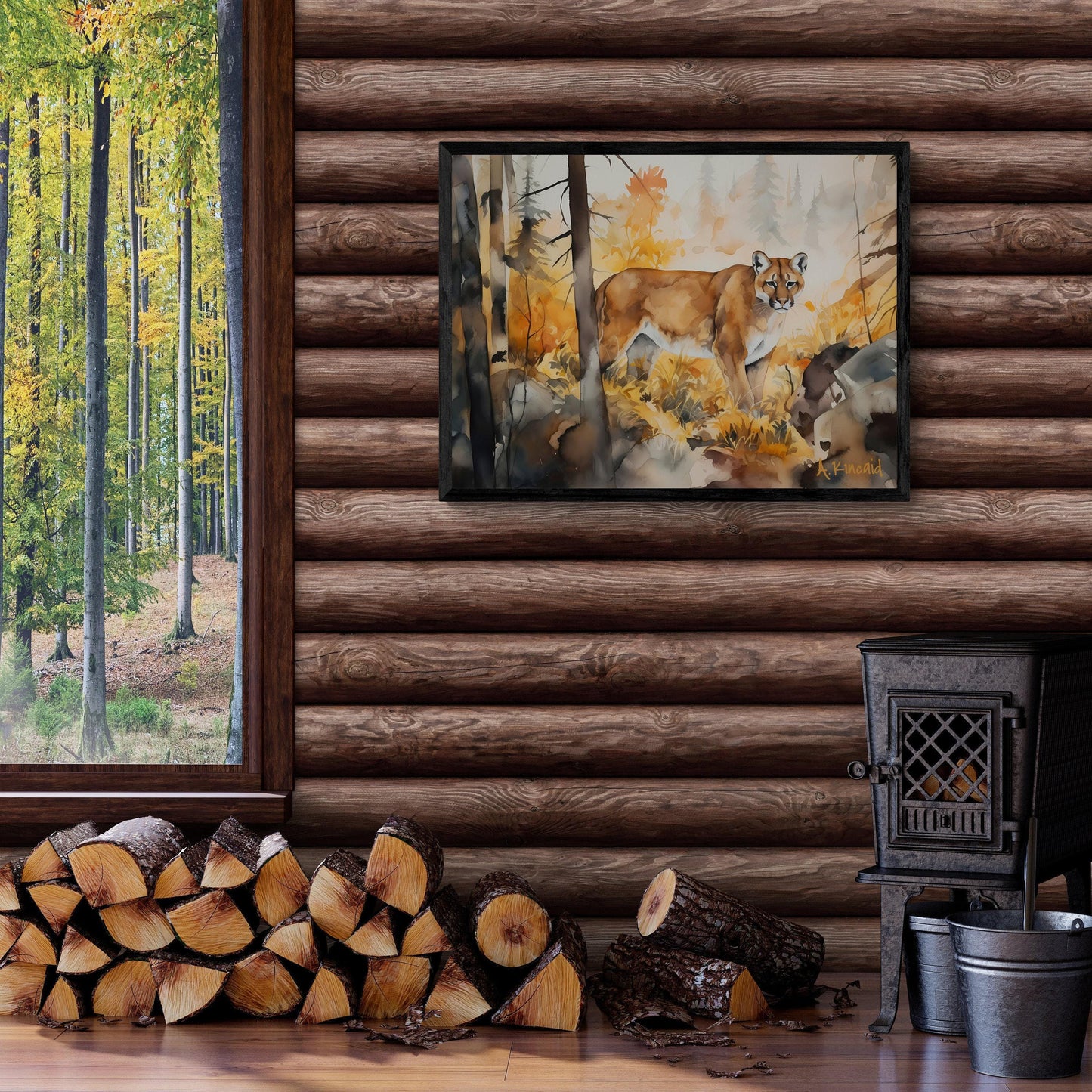 Mountain Lion in Forest  | Canvas Print | Wildlife Art | Cabin Art | Forest Art | Archer Kincaid