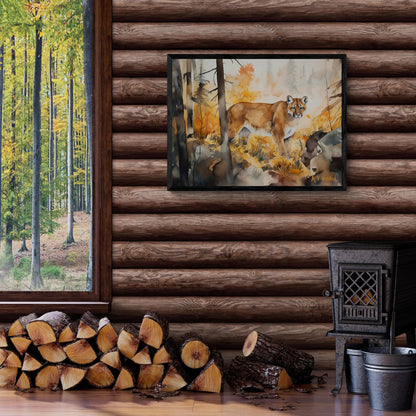 Mountain Lion in Forest  | Canvas Print | Wildlife Art | Cabin Art | Forest Art | Archer Kincaid