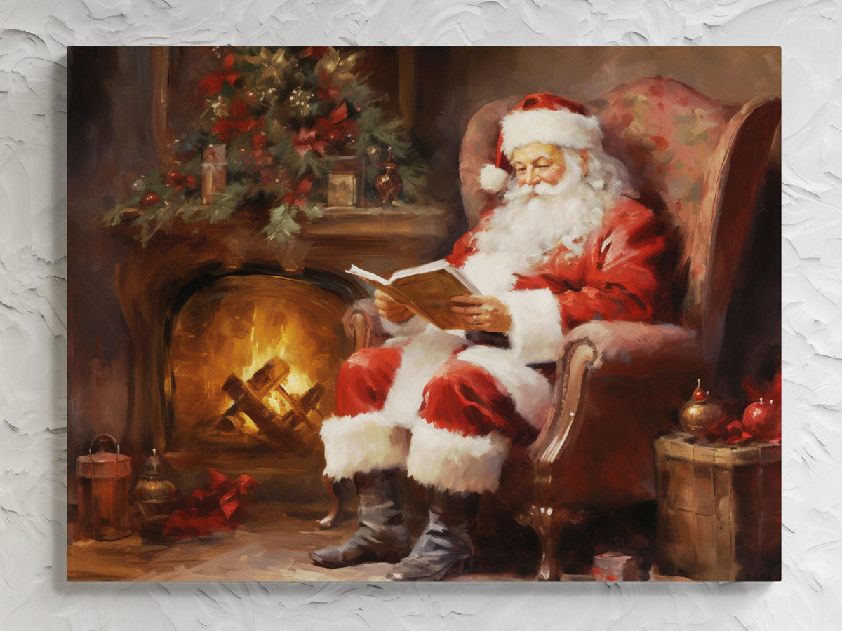 Santa Reading By The Fireplace Canvas Print - Cozy Christmas Scene Canvas Print, Santa Claus Relaxing, Holiday Decor, Festive Artwork