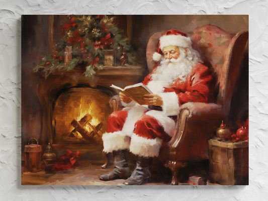 Santa Reading By The Fireplace Canvas Print - Cozy Christmas Scene Canvas Print, Santa Claus Relaxing, Holiday Decor, Festive Artwork