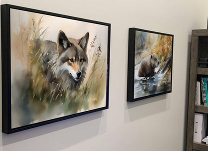 two framed paintings of animals, one depicting a wolf and the other a bear, hanging on a wall.