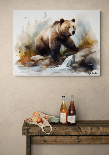 Grizzly Bear on River Bank | Brown Bear Watercolor Forest Series | Canvas Print | Wildlife Art | bear watercolor | Archer Kincaid