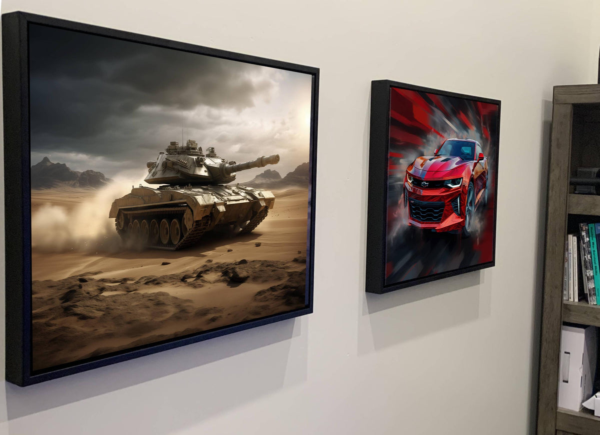 two framed pictures hanging on a wall. The left picture depicts a military tank in a desert setting, while the right picture shows a red sports car in motion.
