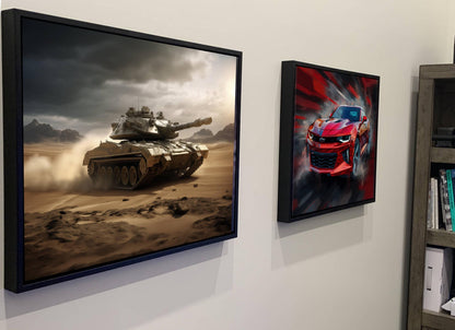 two framed pictures hanging on a wall. The left picture depicts a military tank in a desert setting, while the right picture shows a red sports car in motion.