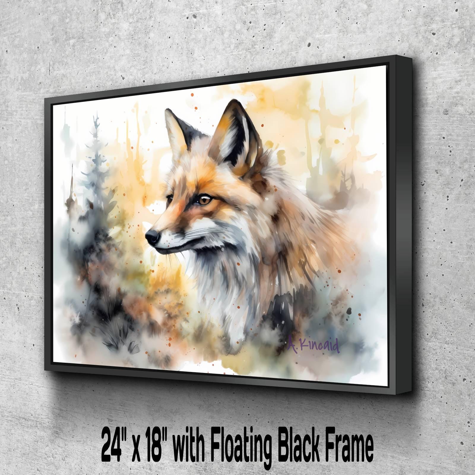 A framed painting of a fox, with a black frame and a floating black frame.