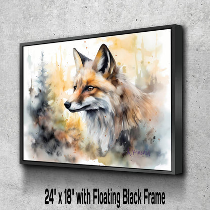 A framed painting of a fox, with a black frame and a floating black frame.