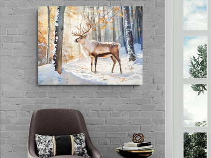 Winter Reindeer Forest Print | Snowy Woodland Stag Wall Art | Christmas Deer Nature Painting | Holiday Wildlife Scene | Rustic Animal Decor