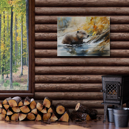 Beaver in Stream | Watercolor Forest Series | Canvas Print | Wildlife Art | Cabin Art | Archer Kincaid