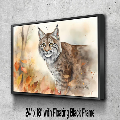 A painting of a lynx, a medium-sized wild cat, in a forest setting with autumn foliage. The painting is framed in a black floating frame.