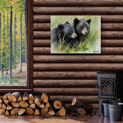 Black Bear Cubs in Grass | Canvas Print | Wildlife Art | Cabin Art | Forest Art | Archer Kincaid | watercolor bears | baby bear watercolor