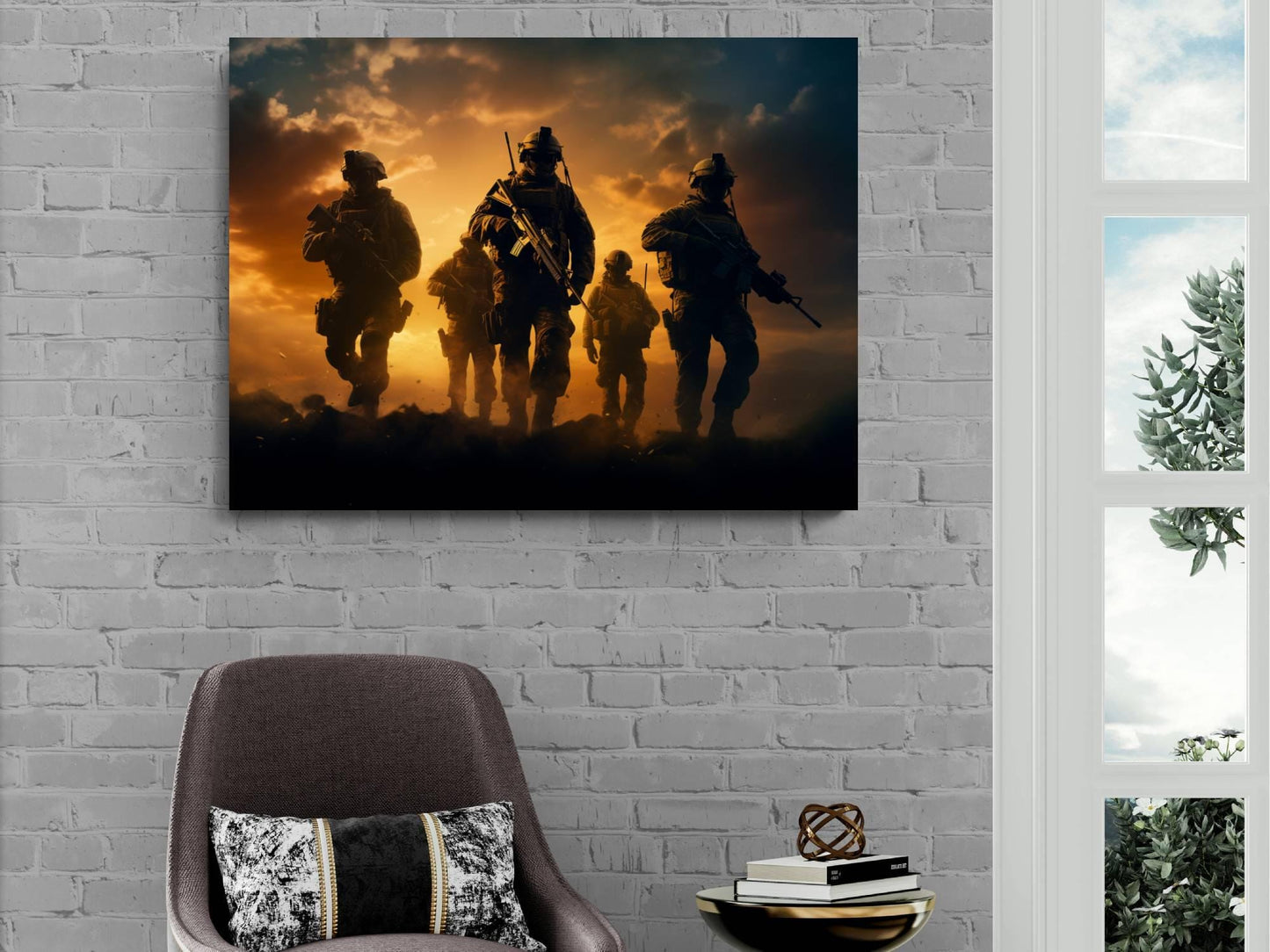 a group of soldiers standing in a line, silhouetted against a dramatic sky, with a brick wall and a window in the background.