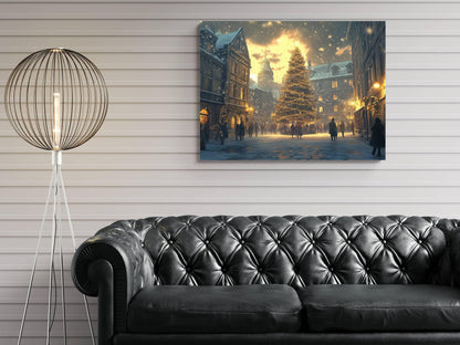 Christmas Town Square Print | Snowy Evening Tree Lights Wall Art | Holiday Market Scene Painting | Festive Winter Village |Xmas Street Decor