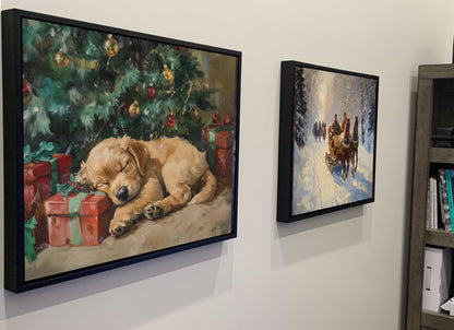 Christmas Puppy Art Print | Golden Retriever Holiday Wall Decor | Sleeping Dog Under Tree | Xmas Gift Present Painting | Cozy Pet Art
