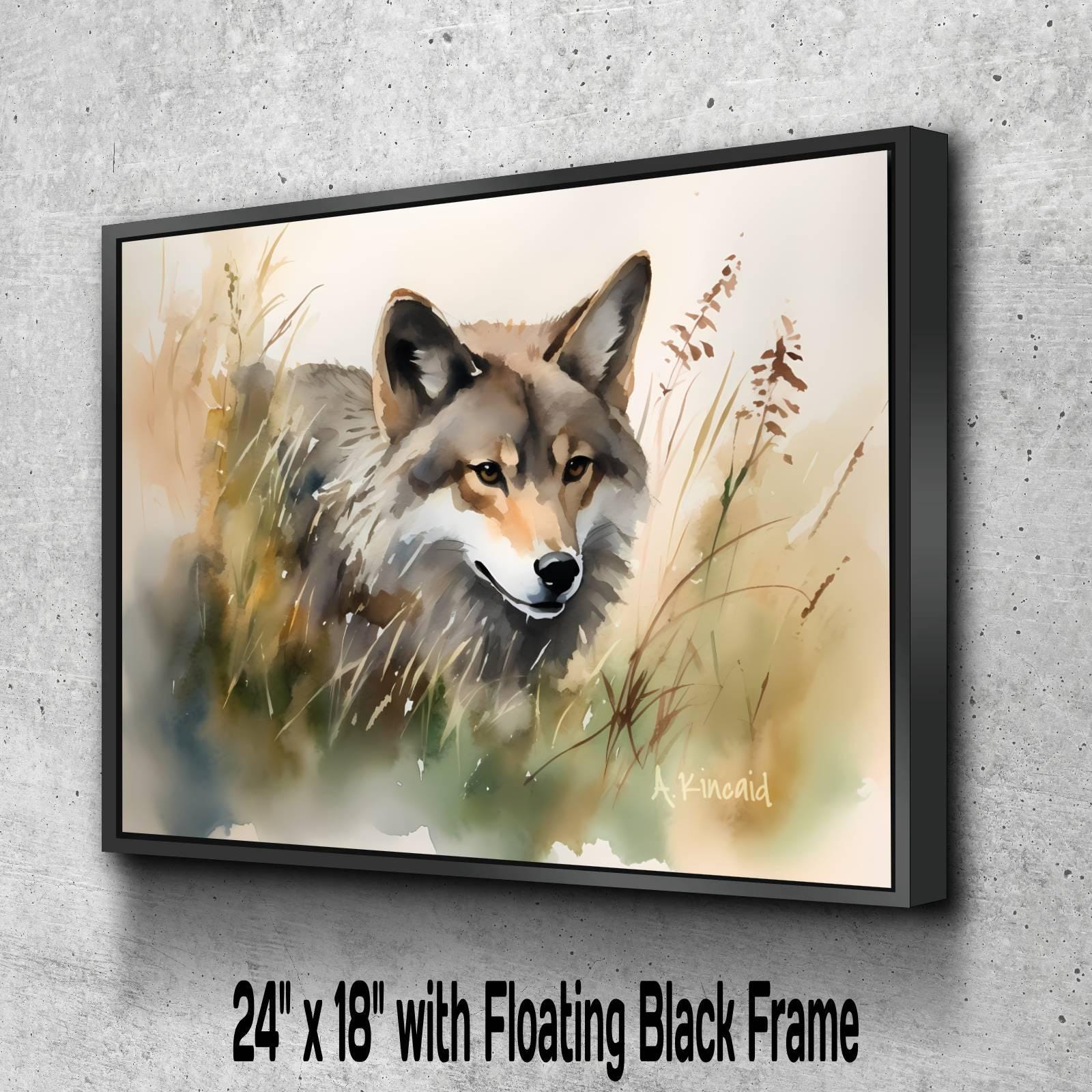 A painting of a wolf in a grassy field, with a black frame.