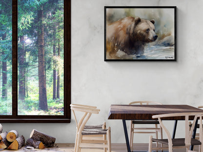 Grizzly Bear River Closeup | Brown Bear Watercolor Forest Series | Canvas Print | Wildlife Art | Archer Kincaid | watercolor bear