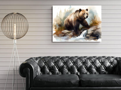 a painting of a bear on a rock, hanging on a wall above a black leather couch.