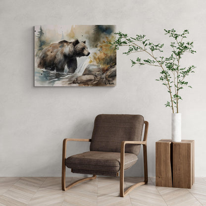Grizzly Bear by Waterfall | Brown Bear Watercolor Forest Series | Canvas Print | Wildlife Art | Cabin Art | Archer Kincaid