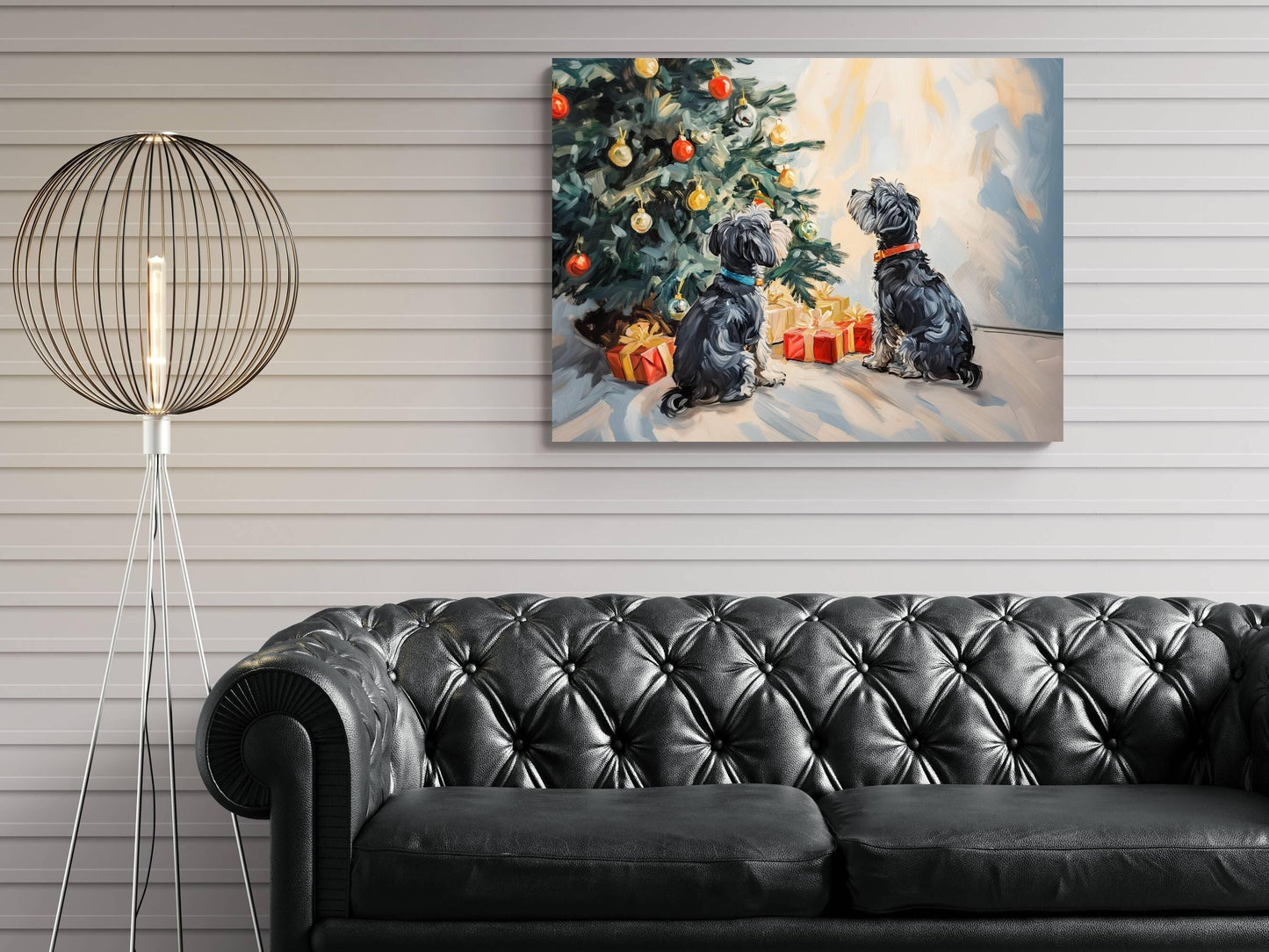 Christmas Dogs Art Print | Schnauzer Holiday Wall Decor | Puppies Under Tree Ornaments | Xmas Pets Gift Painting | Festive Animal Scene