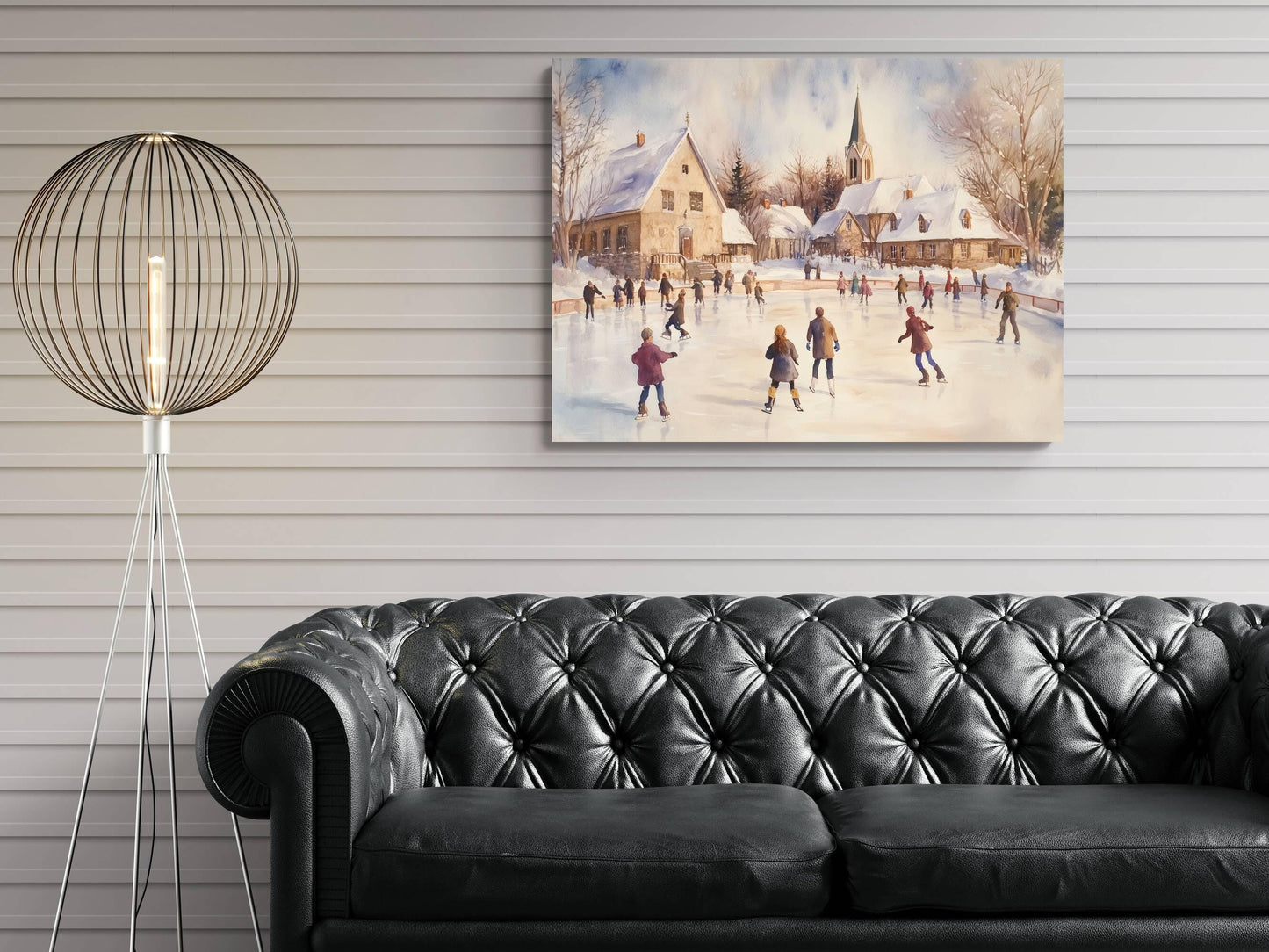 Winter Ice Skating Print | Snowy Village Rink Wall Art | Christmas Town Square Scene | Holiday Watercolor Painting | Festive Winter Activity