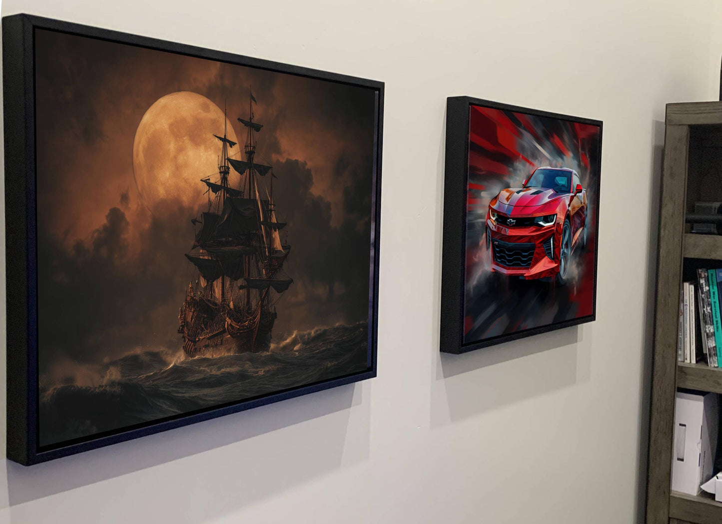 Pirate Ship Full Moon Canvas, Orange Sunset Nautical Print, Gothic Maritime Wall Decor, Stormy Ocean Sailing Artwork