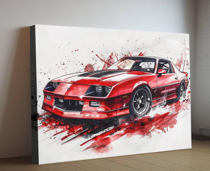 1987 Chevrolet Camaro IROC Z28  Red Canvas Print | Vintage Auto Wall Art Decor | Retro Muscle Car | Car Lovers Poster Gift