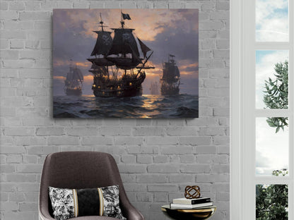 Pirate Fleet Sunset Canvas, Jolly Roger Ships Print, Golden Hour Nautical Wall Decor, Skull Flag Galleons Oil Painting Style