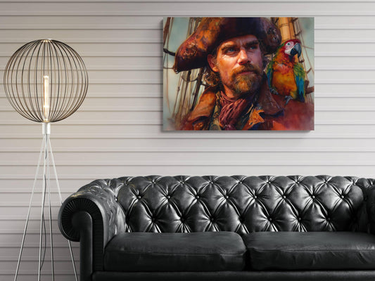 Pirate Captain with Parrot Canvas, Macaw Bird Portrait Print, Colorful Nautical Wall Decor, Oil Painting Style Maritime Artwork