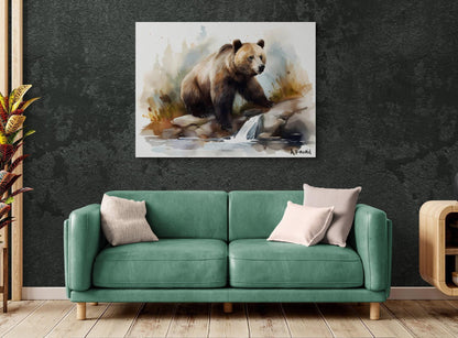 Grizzly Bear on River Bank | Brown Bear Watercolor Forest Series | Canvas Print | Wildlife Art | bear watercolor | Archer Kincaid