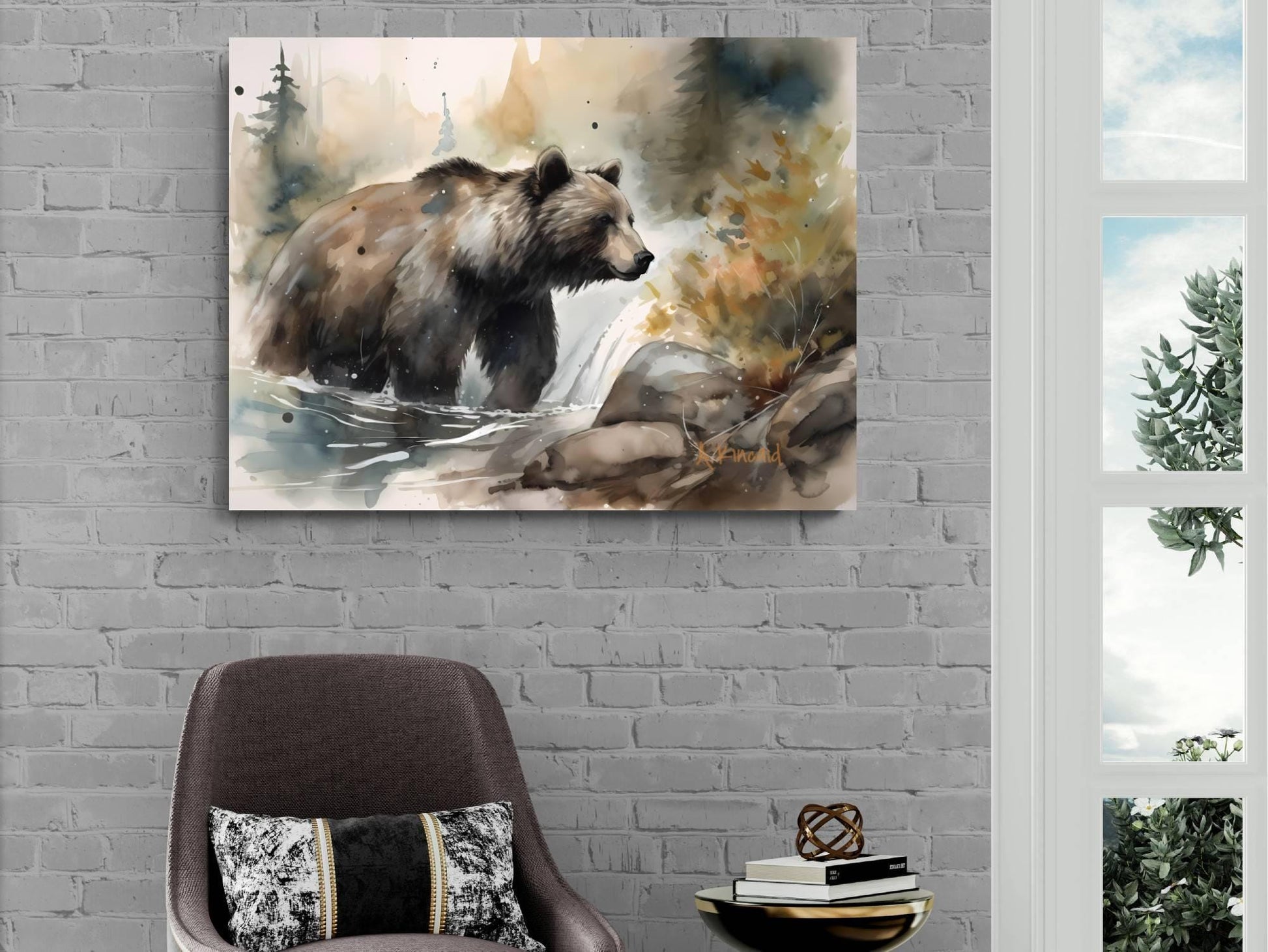 a large brown bear standing in a river, surrounded by trees and rocks.