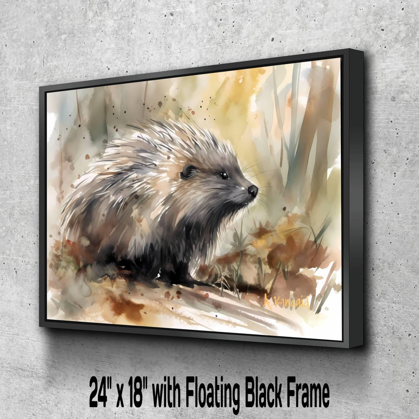 A painting of a porcupine in a natural setting, with a floating black frame.