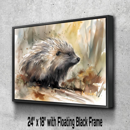 A painting of a porcupine in a natural setting, with a floating black frame.