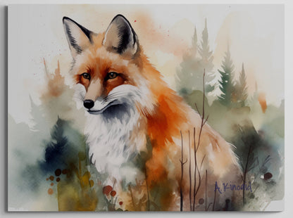 a watercolor painting of a fox sitting in the grass