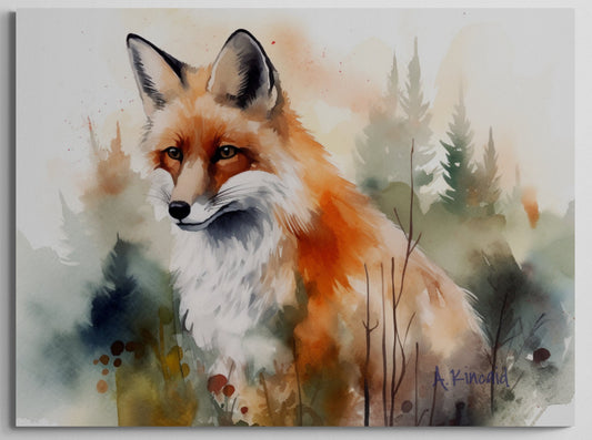 a watercolor painting of a fox sitting in the grass
