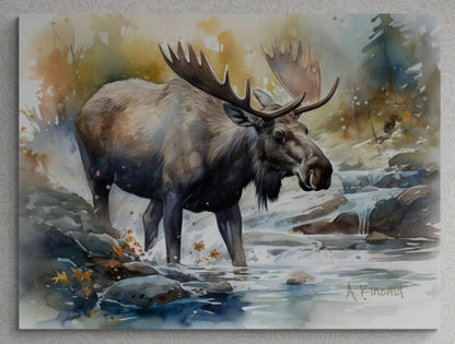 a painting of a moose standing in a stream