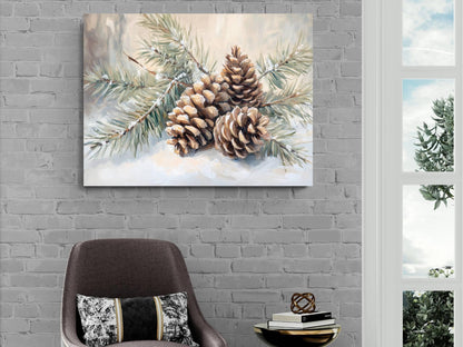 Winter Pine Cones Art Print | Snowy Evergreen Branch Wall Decor | Christmas Nature Painting | Rustic Botanical Art | Holiday Forest Scene