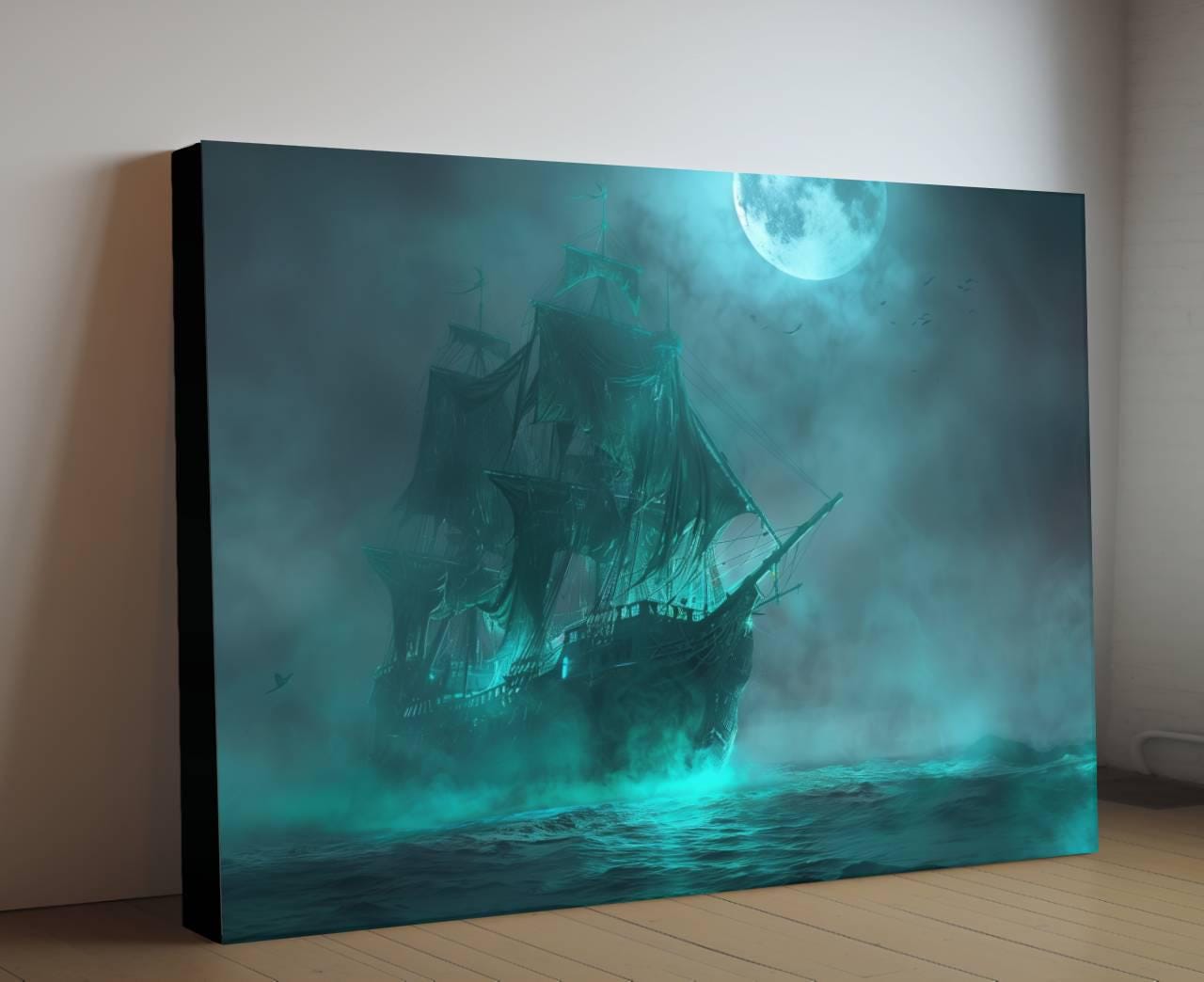 Ghost Ship Canvas Print, Ethereal Pirate Vessel Wall Decor, Spectral Galleon Teal Fog Painting, Haunted Maritime Fantasy Artwork