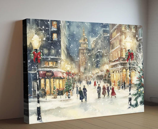 Victorian Christmas Village Print | Snowy Town Square Wall Art | Holiday Watercolor Painting | Festive Winter Scene | Vintage Xmas Decor