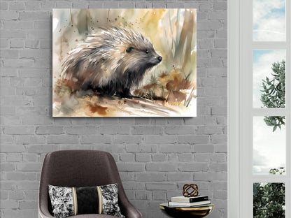 a painting of a porcupine on a brick wall, with a cozy seating area and a window in the background.