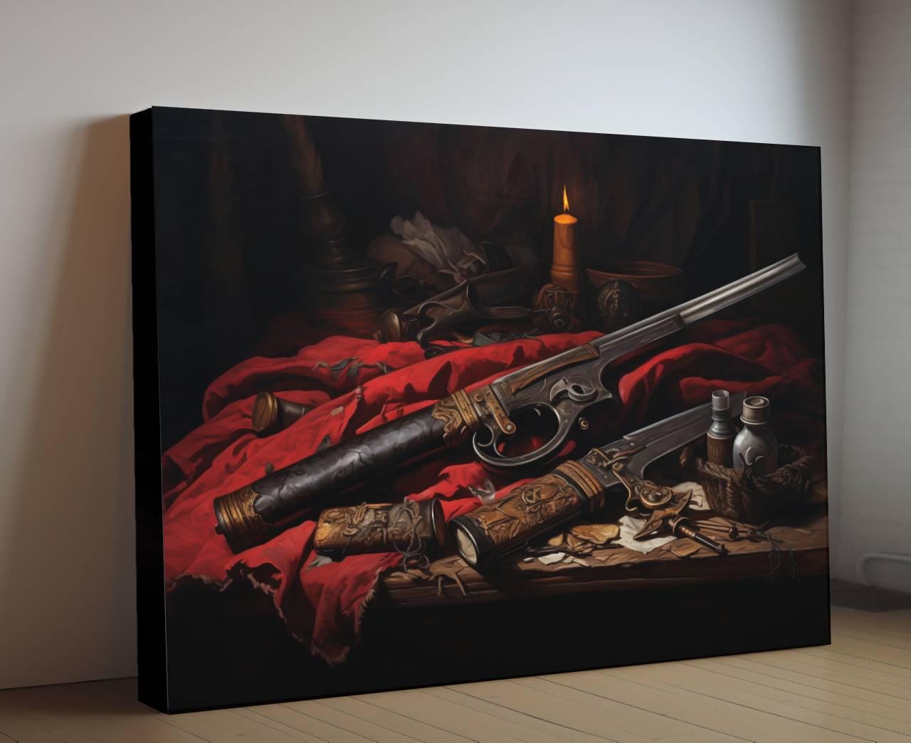 Pirate Weapons Canvas Art, Flintlock Pistol Dagger Print, Vintage Nautical Wall Decor, Gothic Maritime Painting, Antique Arms Artwork Decor