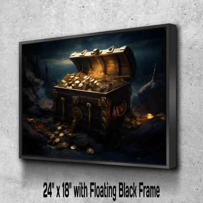 Pirate Treasure Chest Canvas Art, Gold Coins Print, Dark Nautical Wall Decor, Maritime Wealth Painting, Adventure Home Art