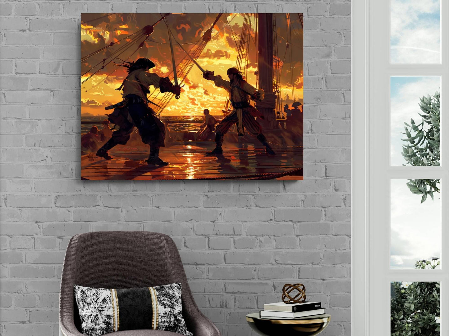 Pirate Sword Fight Sunset Canvas, Silhouette Duel Print, Golden Sky Maritime Battle Decor, Epic Combat Scene Painting